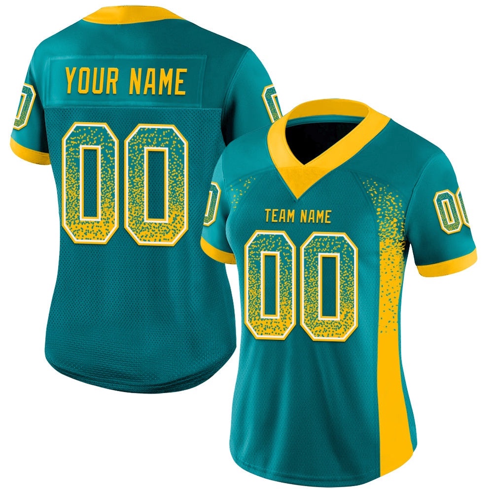 Teal Gold White Mesh Drift Fashion Football Jersey, Personalized Football Jersey, Football Team Jersey, Football Outfits Teal Gold White Mesh Drift Fashion Football Jersey, Personalized Football Jersey, Football Team Jersey, Football Outfits