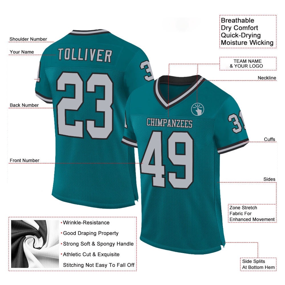 Teal Gray Black Mesh Authentic Throwback Football Jersey, Personalized Football Jersey, Football Team Jersey, Football Outfits