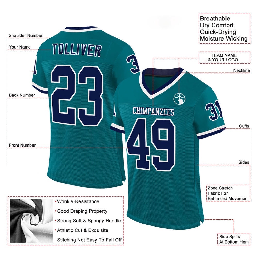 Teal Navy White Mesh Authentic Throwback Football Jersey, Personalized Football Jersey, Football Team Jersey, Football Outfits Teal Navy White Mesh Authentic Throwback Football Jersey, Personalized Football Jersey, Football Team Jersey, Football Outfits