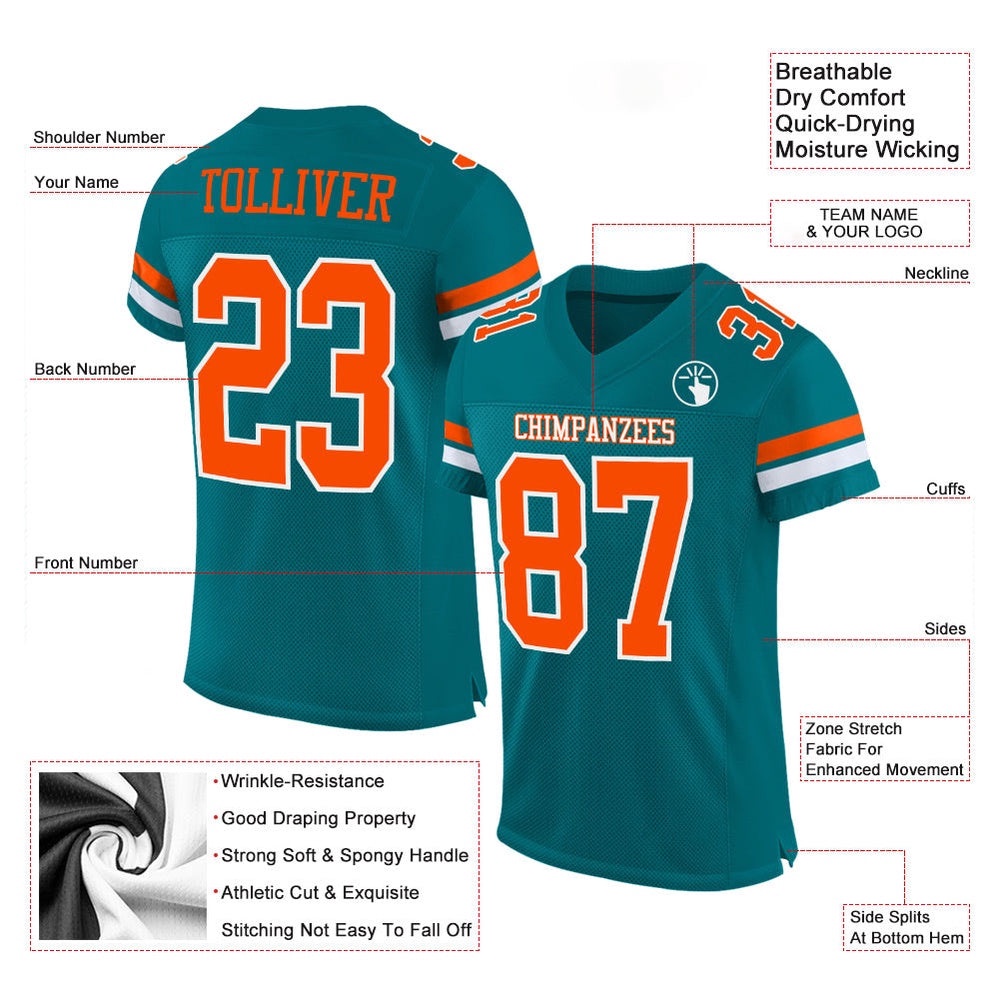 Teal Orange White Mesh Authentic Football Jersey, Personalized Football Jersey, Football Team Jersey, Football Outfits Teal Orange White Mesh Authentic Football Jersey, Personalized Football Jersey, Football Team Jersey, Football Outfits