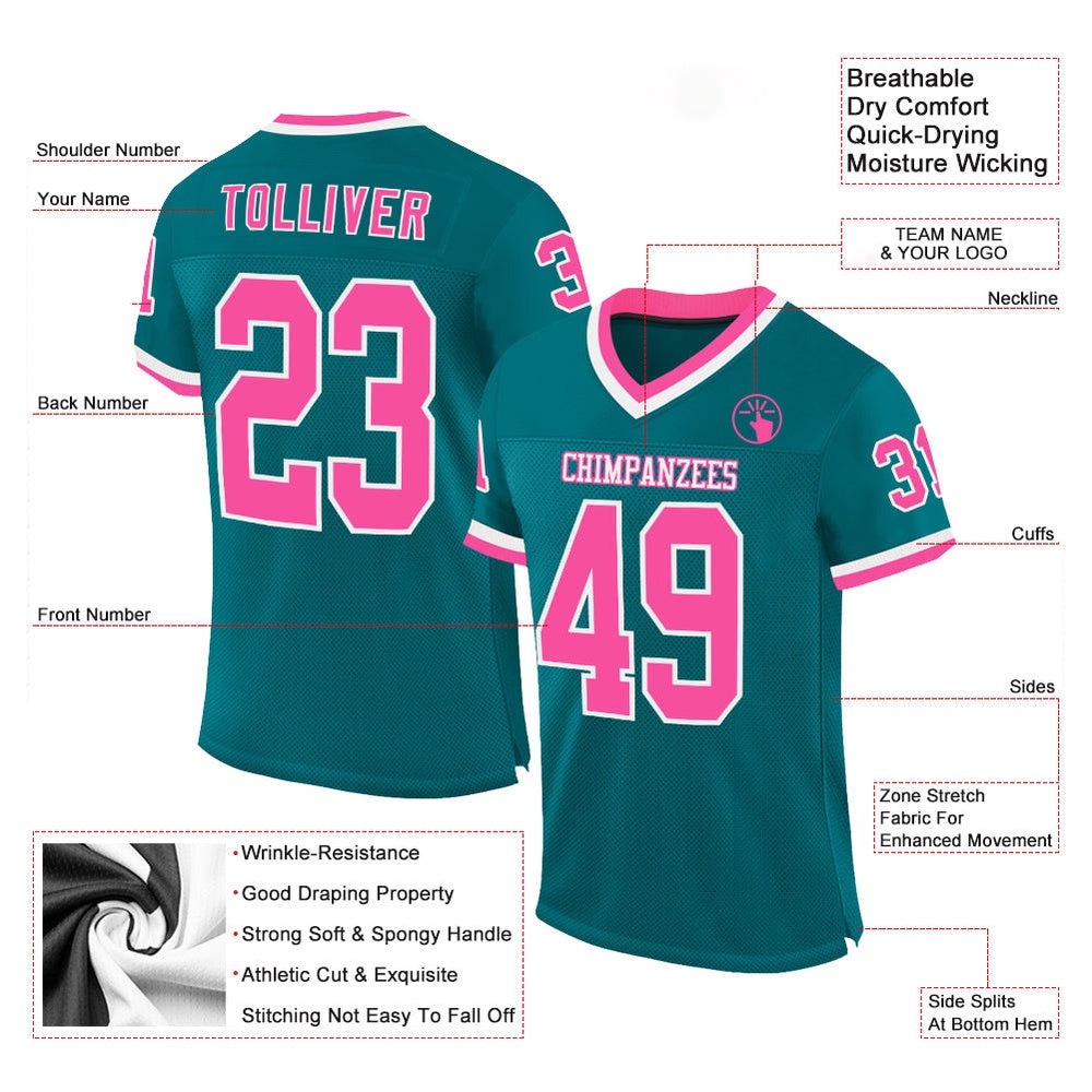Teal Pink White Mesh Authentic Throwback Football Jersey, Personalized Football Jersey, Football Team Jersey, Football Outfits Teal Pink White Mesh Authentic Throwback Football Jersey, Personalized Football Jersey, Football Team Jersey, Football Outfits