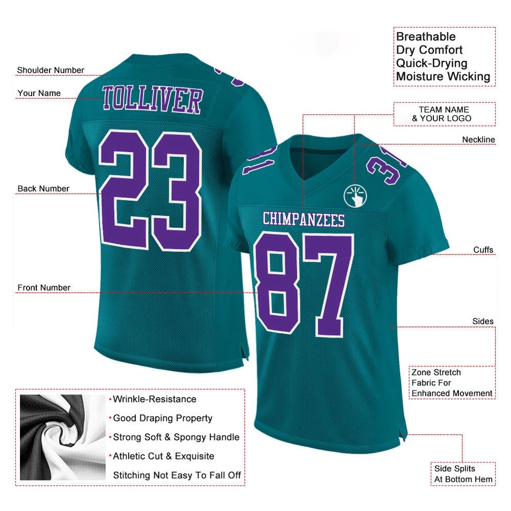 Teal Purple White Mesh Authentic Football Jersey, Personalized Football Jersey, Football Team Jersey, Football Outfits Teal Purple White Mesh Authentic Football Jersey, Personalized Football Jersey, Football Team Jersey, Football Outfits