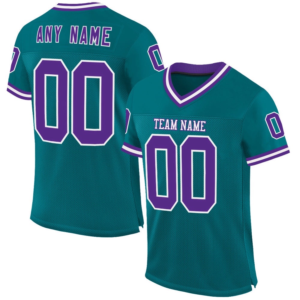 Teal Purple White Mesh Authentic Throwback Football Jersey, Personalized Football Jersey, Football Team Jersey, Football Outfits Teal Purple White Mesh Authentic Throwback Football Jersey, Personalized Football Jersey, Football Team Jersey, Football Outfits