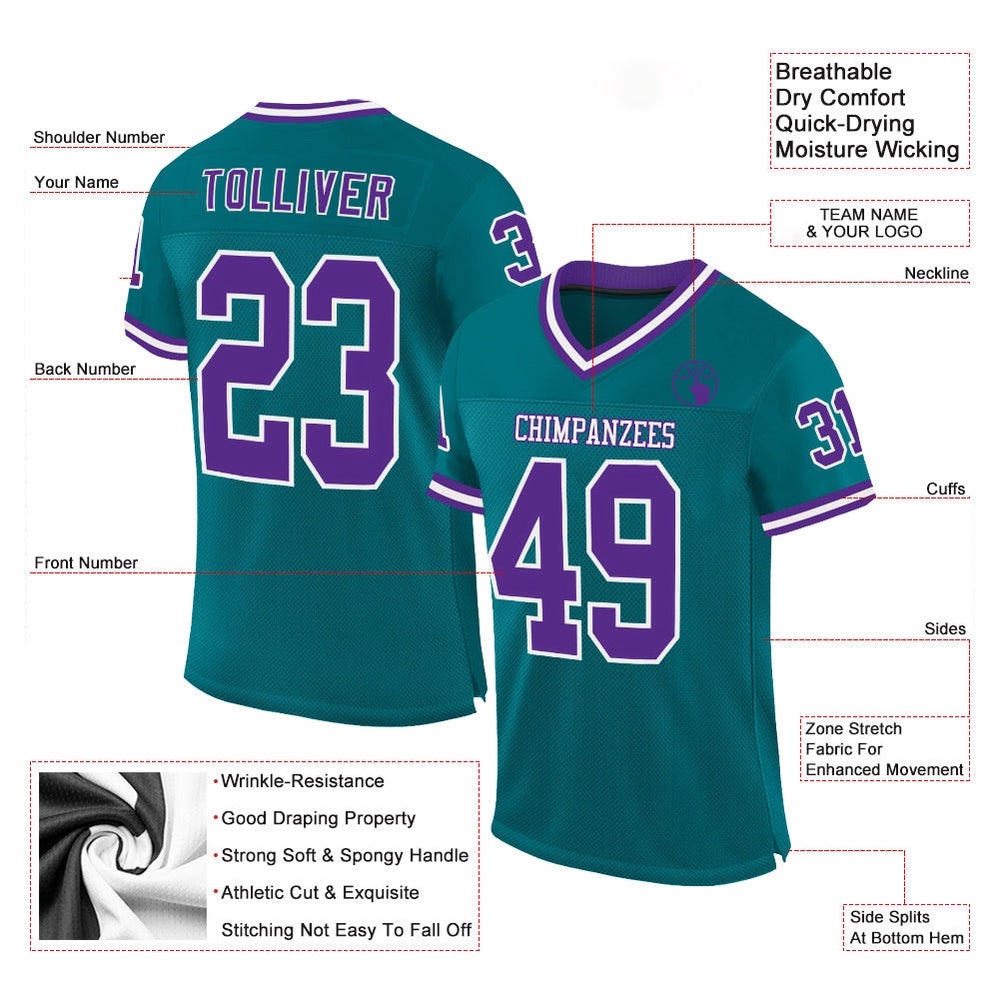Teal Purple White Mesh Authentic Throwback Football Jersey, Personalized Football Jersey, Football Team Jersey, Football Outfits Teal Purple White Mesh Authentic Throwback Football Jersey, Personalized Football Jersey, Football Team Jersey, Football Outfits