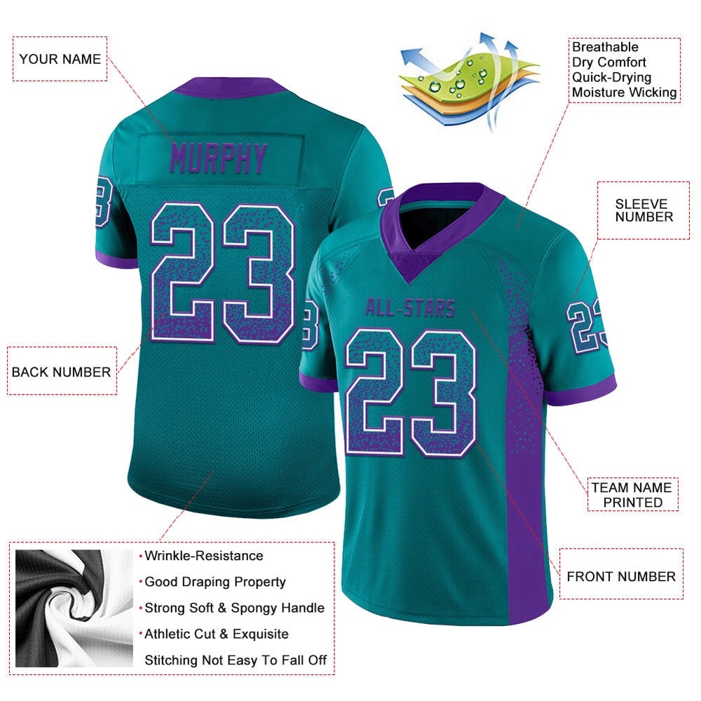 Teal Purple White Mesh Drift Fashion Football Jersey, Personalized Football Jersey, Football Team Jersey, Football Outfits Teal Purple White Mesh Drift Fashion Football Jersey, Personalized Football Jersey, Football Team Jersey, Football Outfits