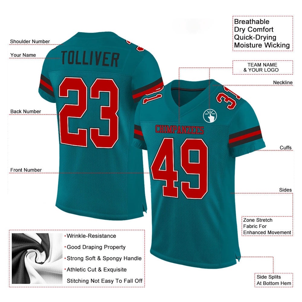 Teal Red Black Mesh Authentic Football Jersey, Personalized Football Jersey, Football Team Jersey, Football Outfits Teal Red Black Mesh Authentic Football Jersey, Personalized Football Jersey, Football Team Jersey, Football Outfits