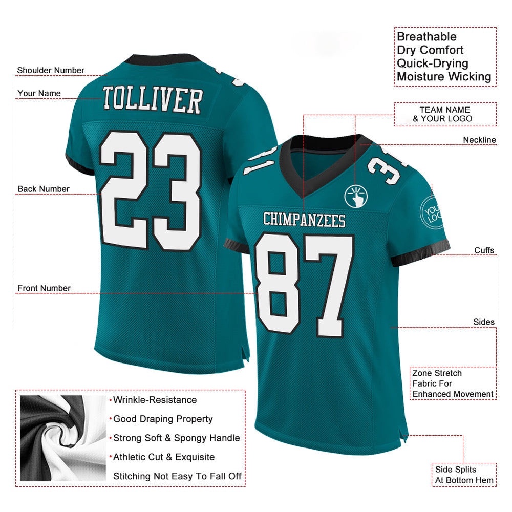 Teal White Black Mesh Authentic Football Jersey, Personalized Football Jersey, Football Team Jersey, Football Outfits