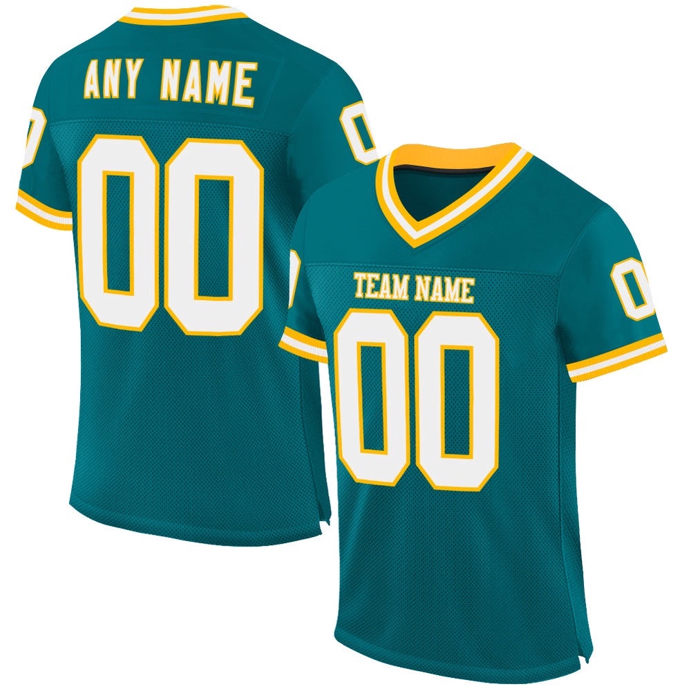 Teal White Gold Mesh Authentic Throwback Football Jersey, Personalized Football Jersey, Football Team Jersey, Football Outfits