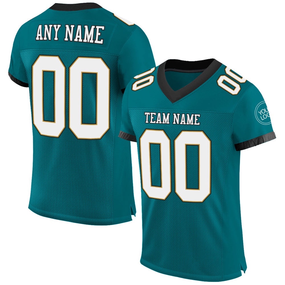 Teal White Old Gold Black Mesh Authentic Football Jersey, Personalized Football Jersey, Football Team Jersey, Football Outfits Teal White Old Gold Black Mesh Authentic Football Jersey, Personalized Football Jersey, Football Team Jersey, Football Outfits