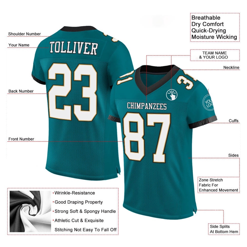 Teal White Old Gold Black Mesh Authentic Football Jersey, Personalized Football Jersey, Football Team Jersey, Football Outfits Teal White Old Gold Black Mesh Authentic Football Jersey, Personalized Football Jersey, Football Team Jersey, Football Outfits