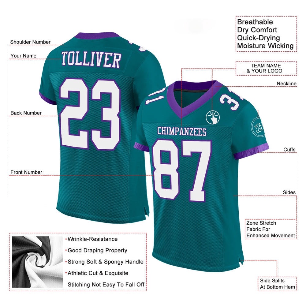 Teal White Purple Mesh Authentic Football Jersey, Personalized Football Jersey, Football Team Jersey, Football Outfits