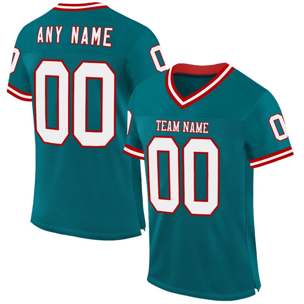 Teal White Red Mesh Authentic Throwback Football Jersey, Personalized Football Jersey, Football Team Jersey, Football Outfits Teal White Red Mesh Authentic Throwback Football Jersey, Personalized Football Jersey, Football Team Jersey, Football Outfits
