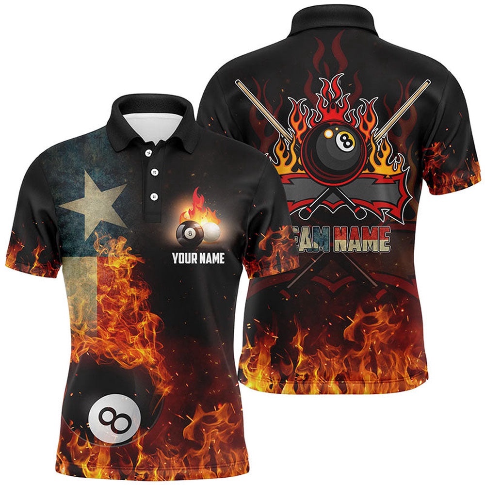Texas Flag 8 Ball Pool On Fire 3D Billiards Polo, Personalized Billiard Polo Shirt Texas Flag 8 Ball Pool On Fire 3D Billiards Polo, Personalized Billiard Polo Shirt
