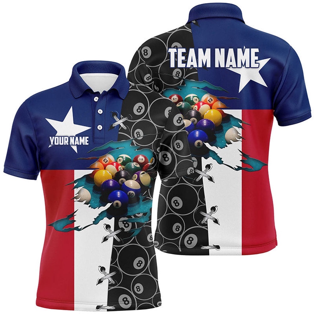 Texas Flag Custom 8 Ball Pattern Pool Balls Polo, Personalized Billiard Polo Shirt