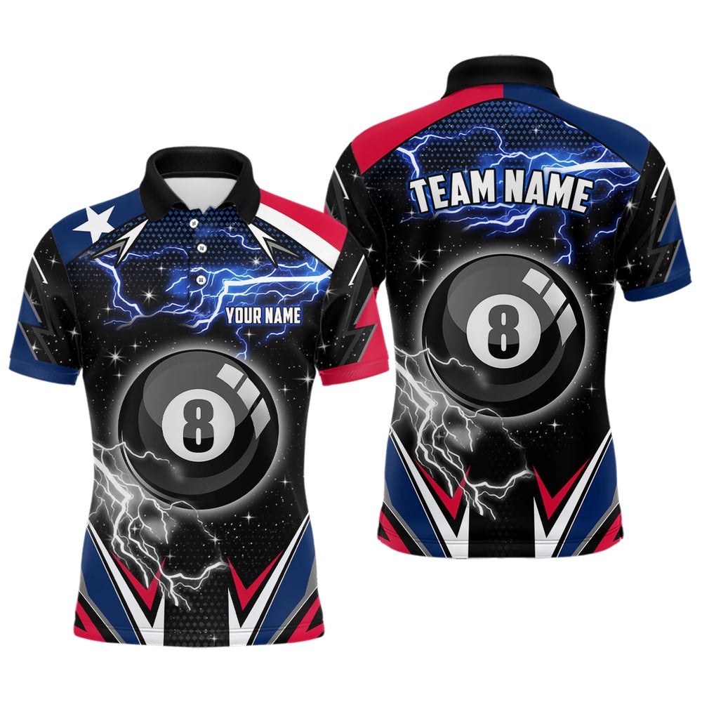 Texas Flag Lightning 8 Ball Billiard Polo Custom Patriotic Team League Billiard Shirts, Personalized Billiard Polo Shirt