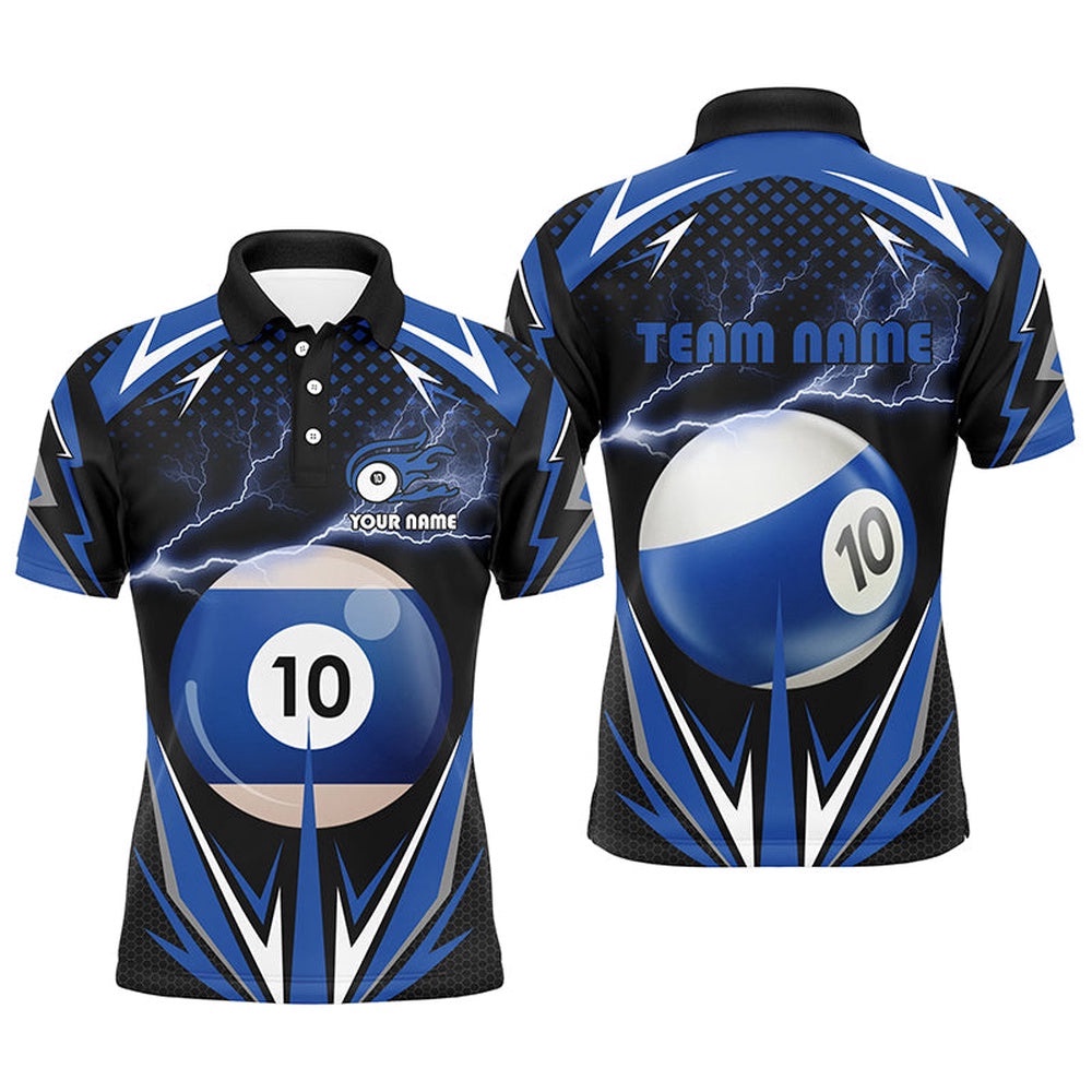 Thunder Blue 10 Ball Billiard 3D Polo Shirts, Custom 10 Ball Billiard Polo, Personalized Billiard Polo Shirt