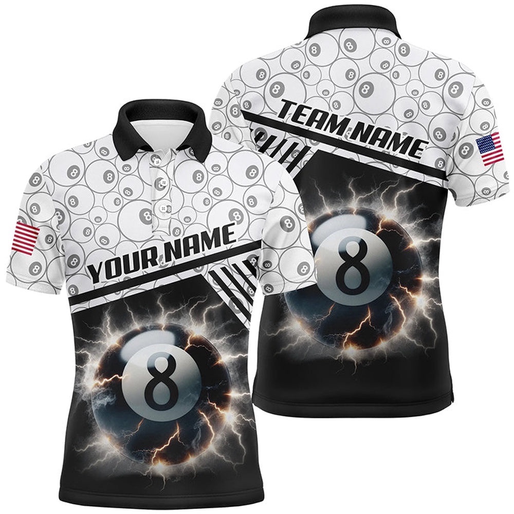 Thunder Lighting 8 Ball Billiard 3D Polo Shirts, Custom 8 Ball Pool Polo, Personalized Billiard Polo Shirt