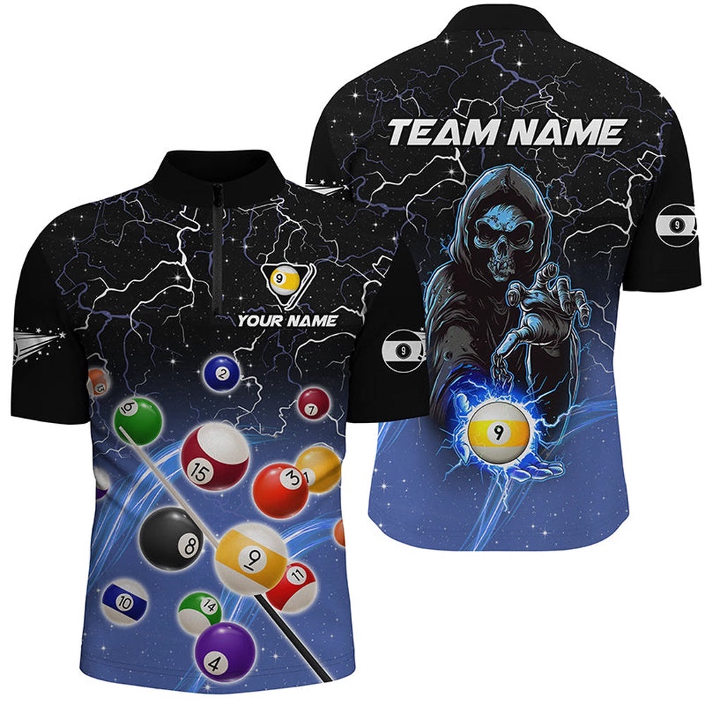 Thunder Lighting Blue Billiard Balls Jersey Shirts Skull 9 Ball Pool Shirts, Personalized Billiard Team Jersey Shirt