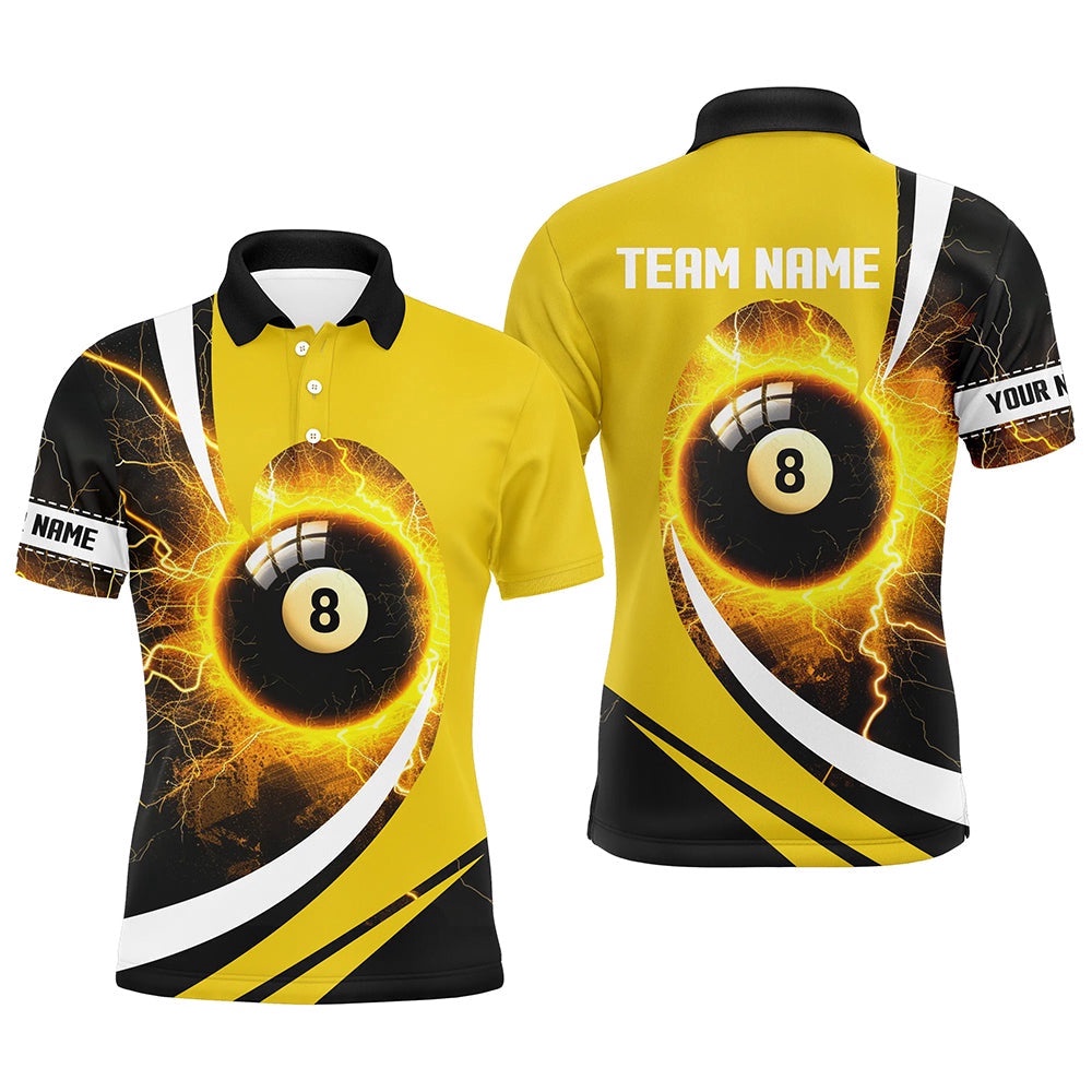 Thunder Lighting Yellow 8 Ball Billiard Shirts Custom 8 Ball Pool Polo, Personalized Billiard Polo Shirt