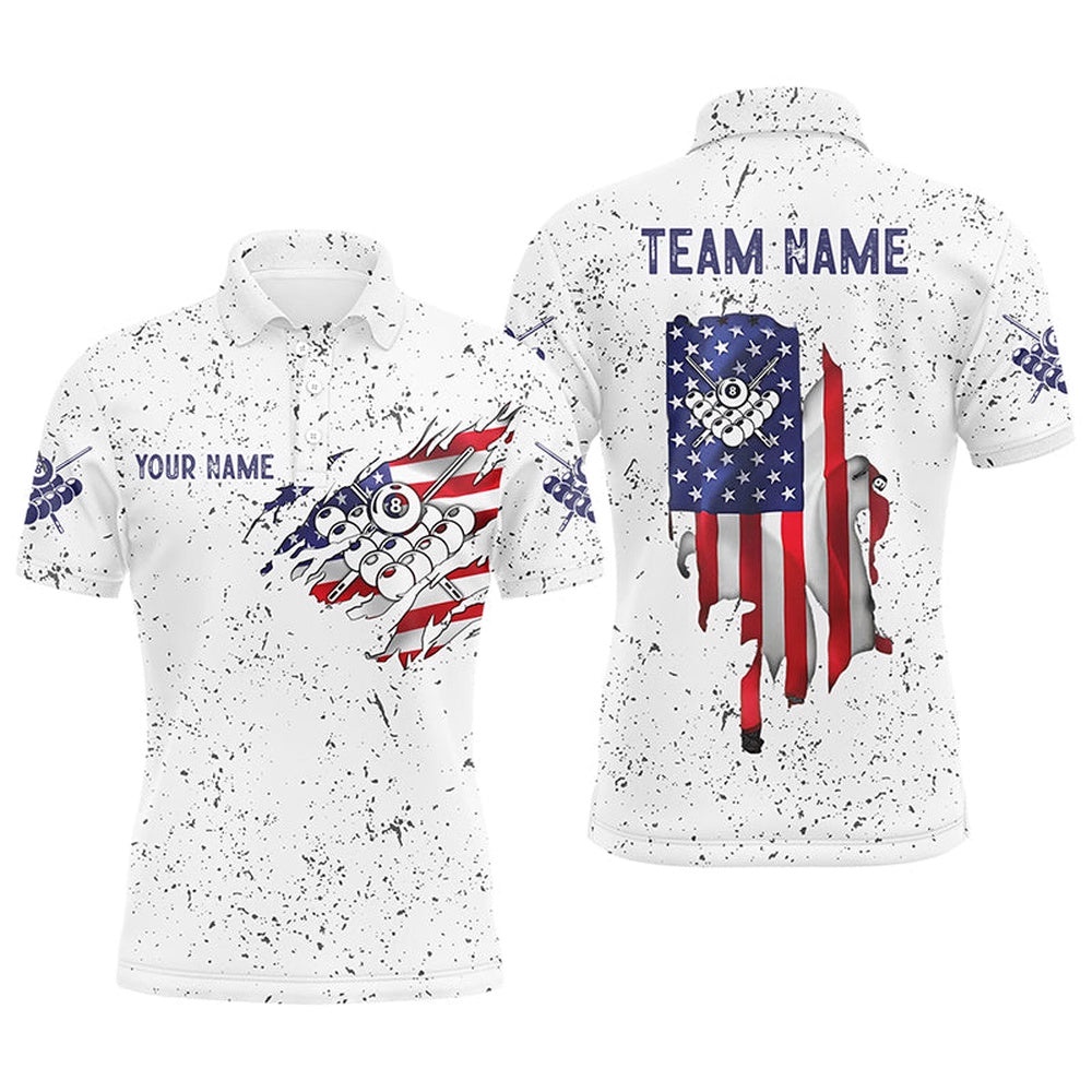 US Flag 8 Ball Billiard White Grunge 3D Polo Shirts, Custom Billiards Polo, Personalized Billiard Polo Shirt