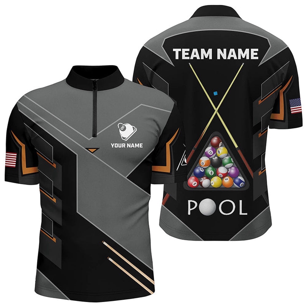 US Flag 8 Ball Custom Grey Black Pool Balls Jerseys, Personalized Billiard Team Jersey Shirt