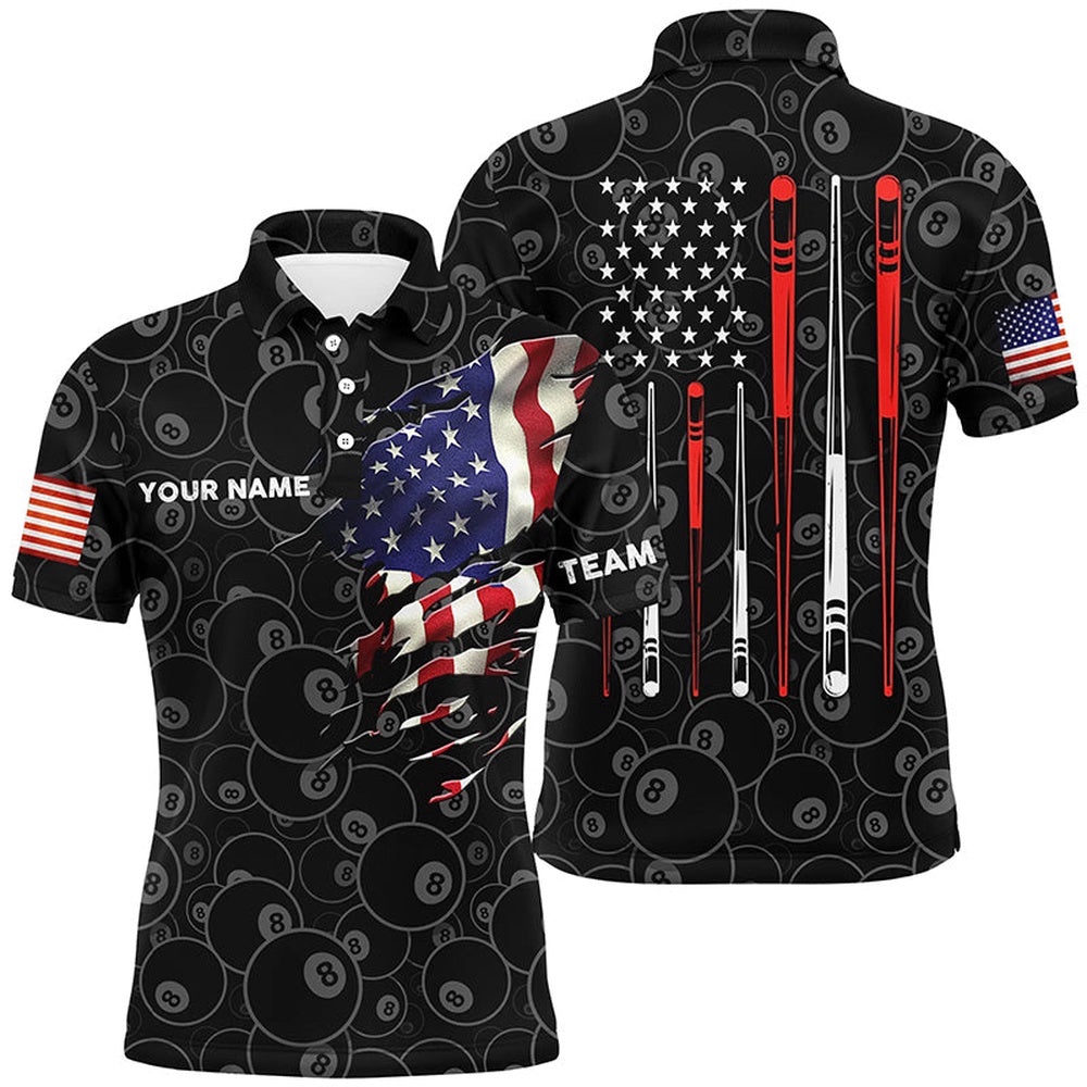 US Flag 8 Ball Custom US Flag Sticks Billiard Shirts, Personalized Billiard Polo Shirt