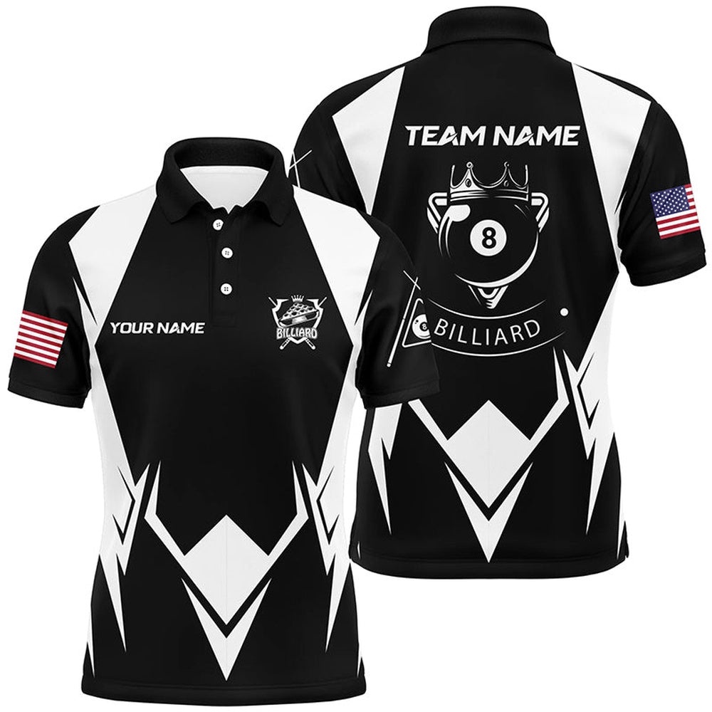 US Flag 8 Ball Pool Black White Custom Billiard Polo, Personalized Billiard Polo Shirt