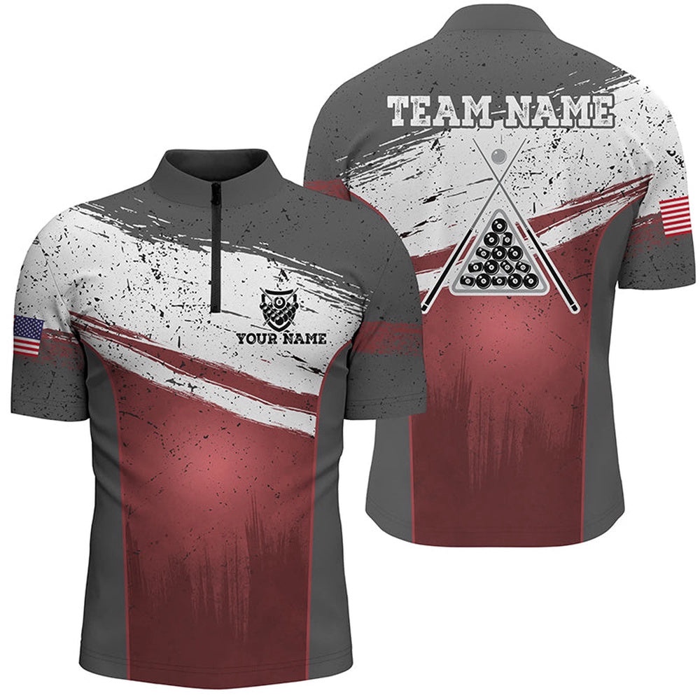 US Flag 8 Ball Pool Jersey Shirts, Red Grunge Billiard Balls Jerseys, Personalized Billiard Team Jersey Shirt