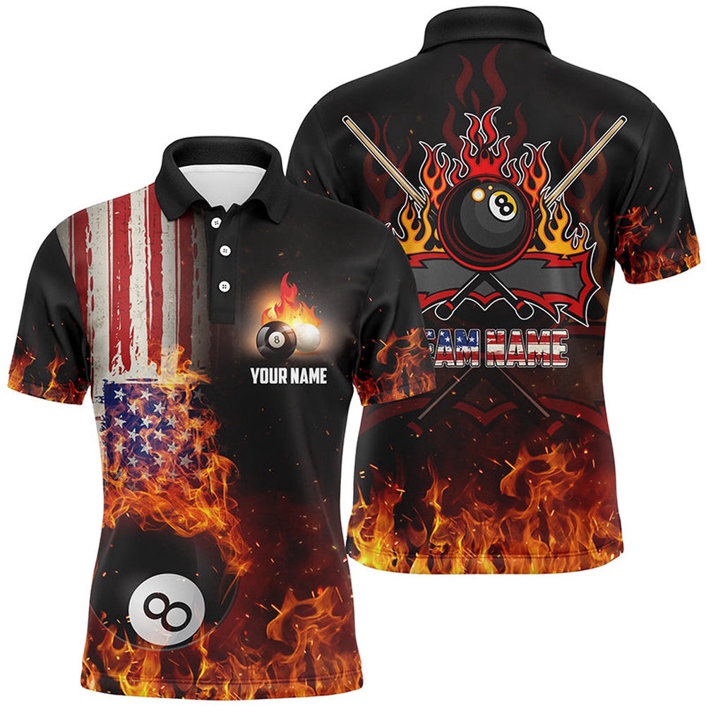 US Flag 8 Ball Pool On Fire Billiards 3D Polo Shirts, Custom Billiards Polo, Personalized Billiard Polo Shirt