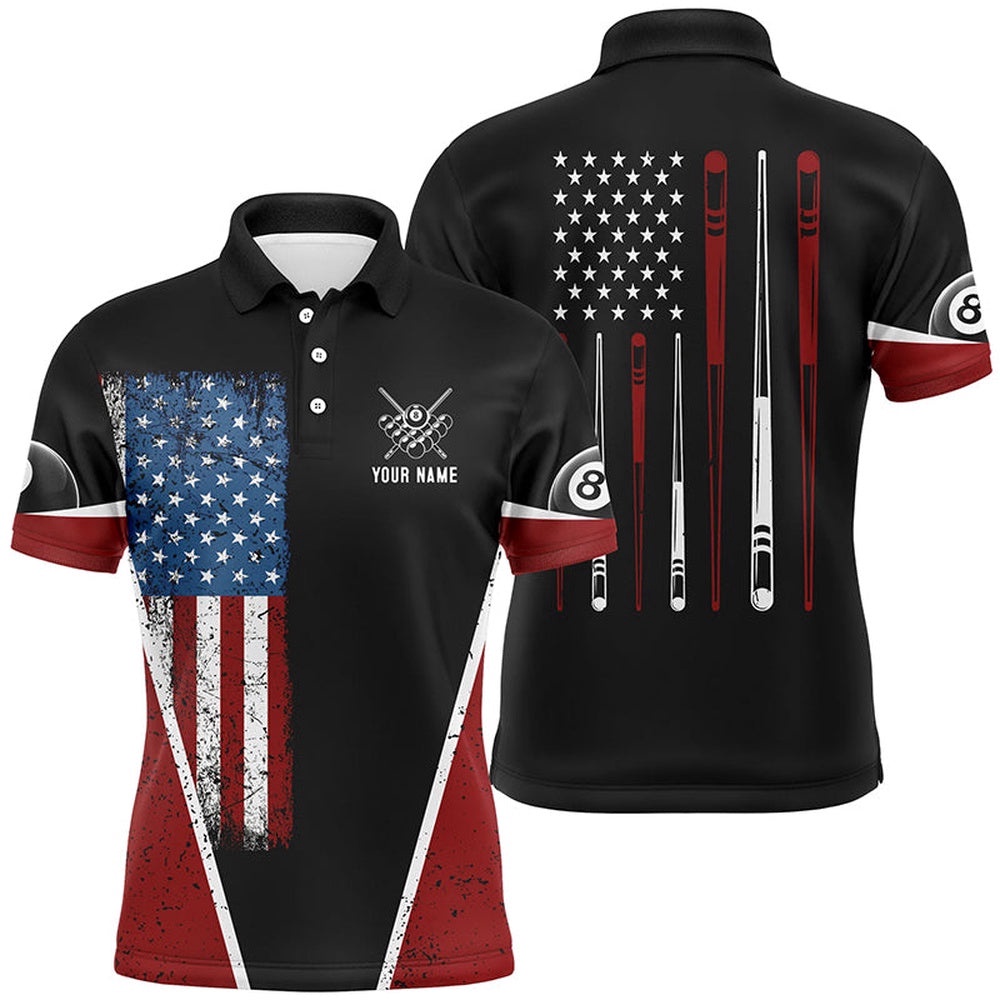 US Flag 8 Ball Pool Polo Shirts, Custom American Flag Sticks Billiard Shirts, Personalized Billiard Polo Shirt