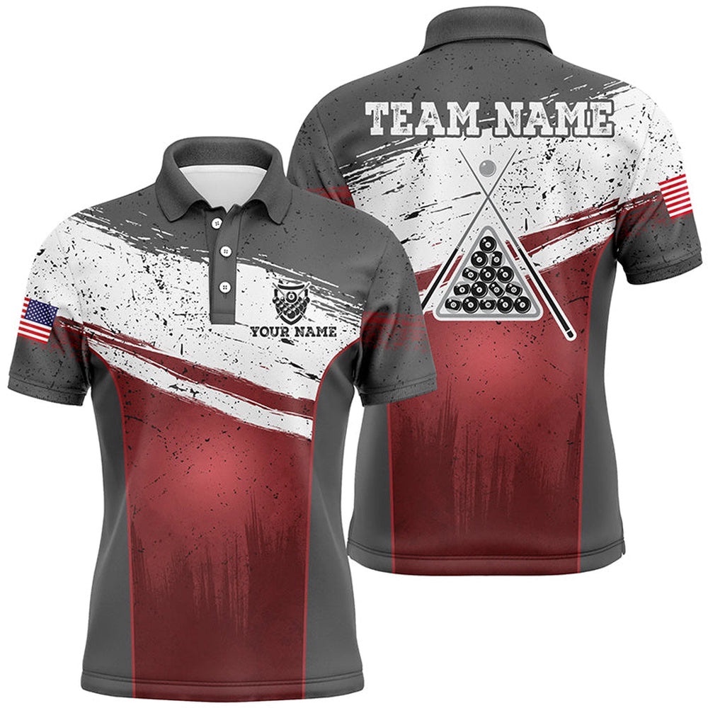 US Flag 8 Ball Pool Polo Shirts, Custom Red Grunge Billiard Balls Polo, Personalized Billiard Polo Shirt