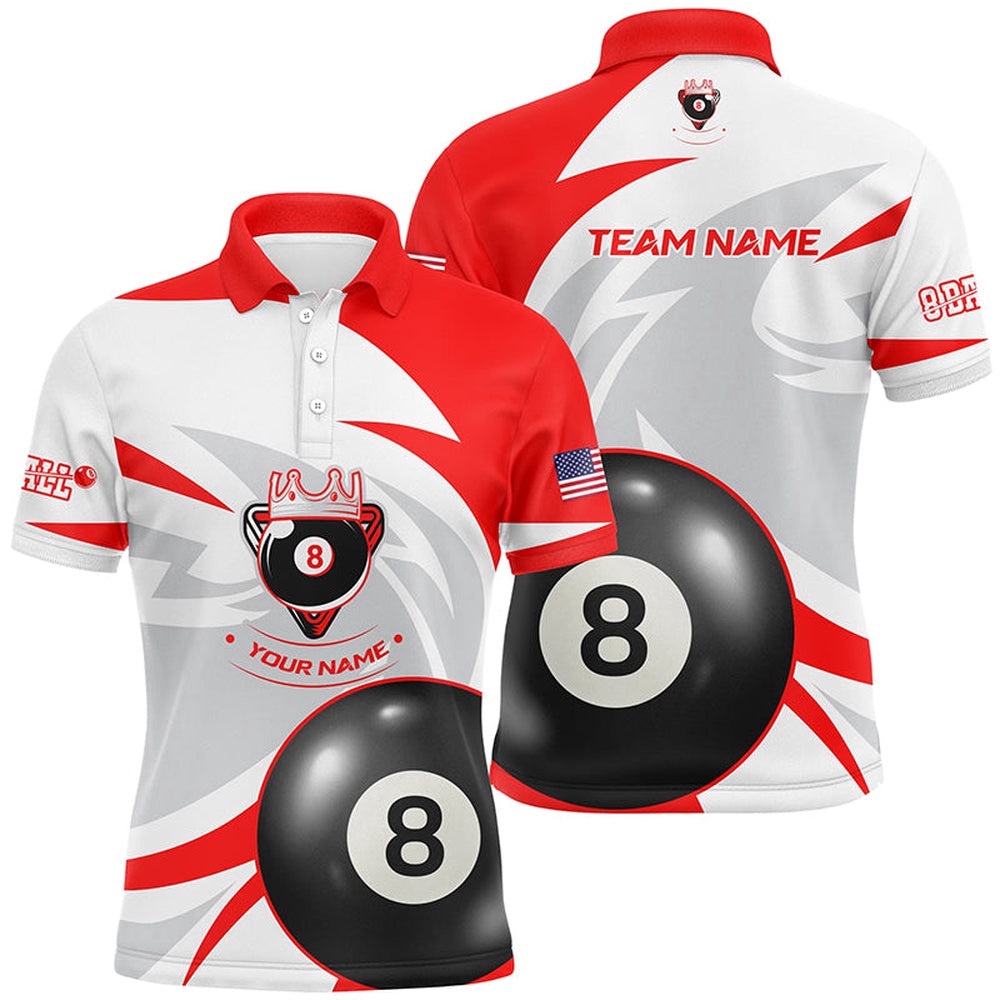 US Flag 8 Ball Pool Red White Billiards Team Shirts, Personalized Billiard Polo Shirt