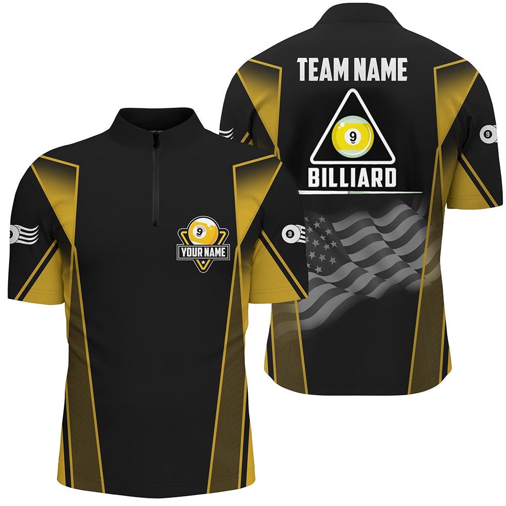 US Flag 9 Ball Pool 3D Jersey Shirts, Style Black Yellow Billiard 9 Ball Jerseys, Personalized Billiard Team Jersey Shirt