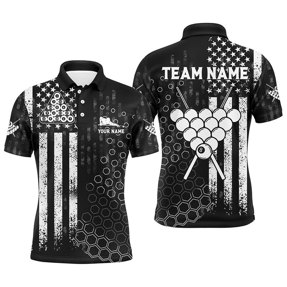 US Flag BW Pattern Billiard Black White Polo Shirts, Custom Billiards Polo, Personalized Billiard Polo Shirt