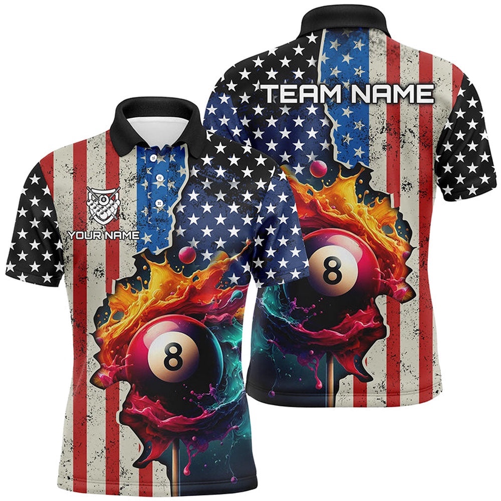 US Flag Billiard 3D Polo Shirts, Colorful Paint Splash 8 Ball Billiard Polo, Personalized Billiard Polo Shirt