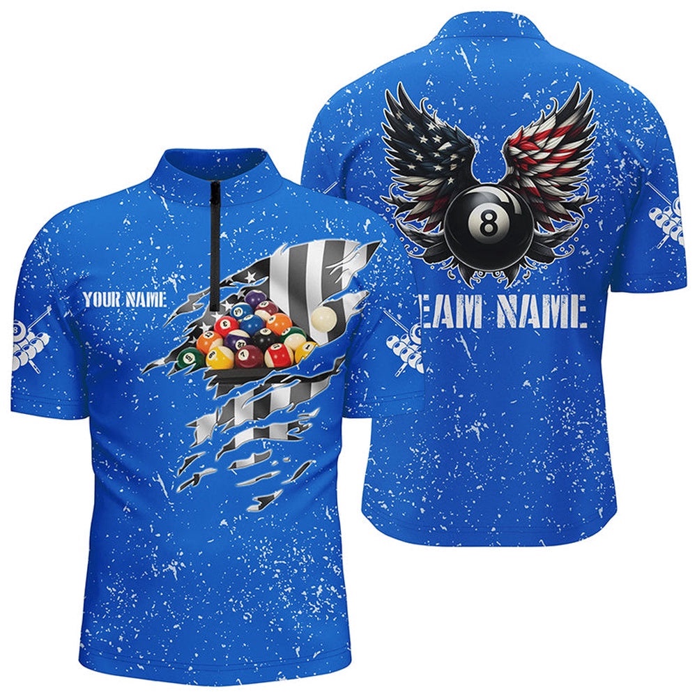 US Flag Billiard Balls 3D Jersey Shirts, Blue 8 Ball Pool Wings Jerseys, Personalized Billiard Team Jersey Shirt
