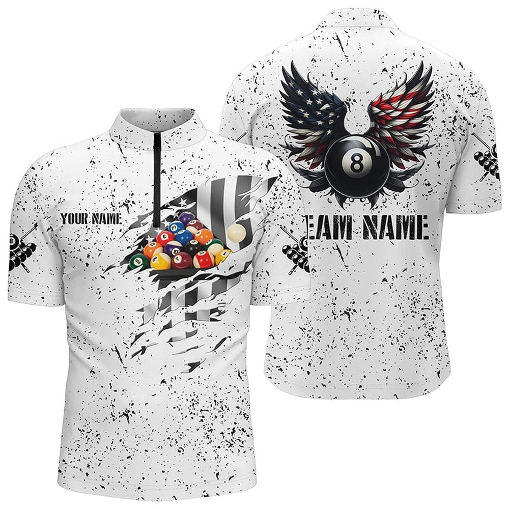 US Flag Billiard Balls 3D Jersey Shirts, White 8 Ball Pool Wings Jerseys, Personalized Billiard Team Jersey Shirt