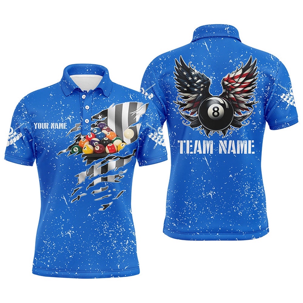 US Flag Billiard Balls 3D Polo Shirts, Blue Billiard 8 Ball Wings Polo, Personalized Billiard Polo Shirt