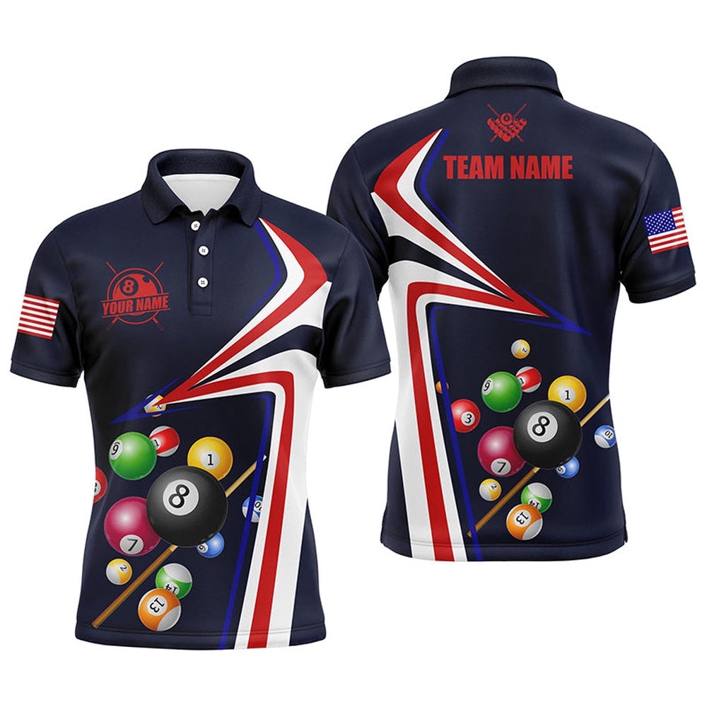 US Flag Billiard Balls 3D Polo Shirts, Custom 8 Ball Billiards Polo, Personalized Billiard Polo Shirt