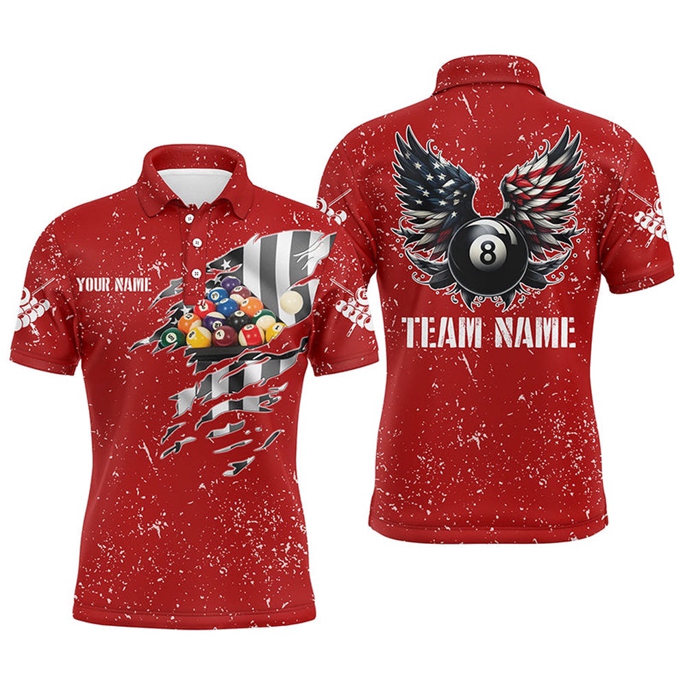 US Flag Billiard Balls 3D Polo Shirts, Red Billiard 8 Ball Wings Polo, Personalized Billiard Polo Shirt
