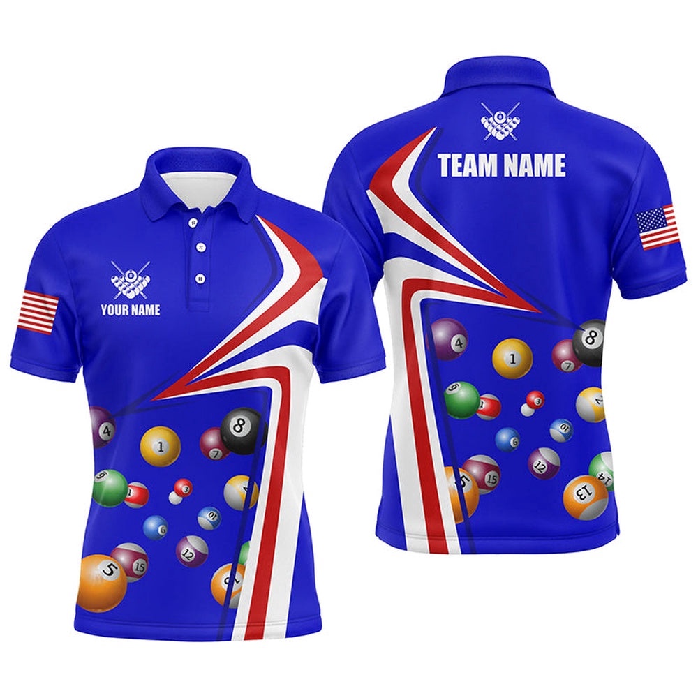US Flag Billiard Balls Blue 3D Polo Shirts, Custom 8 Ball Pool Polo, Personalized Billiard Polo Shirt