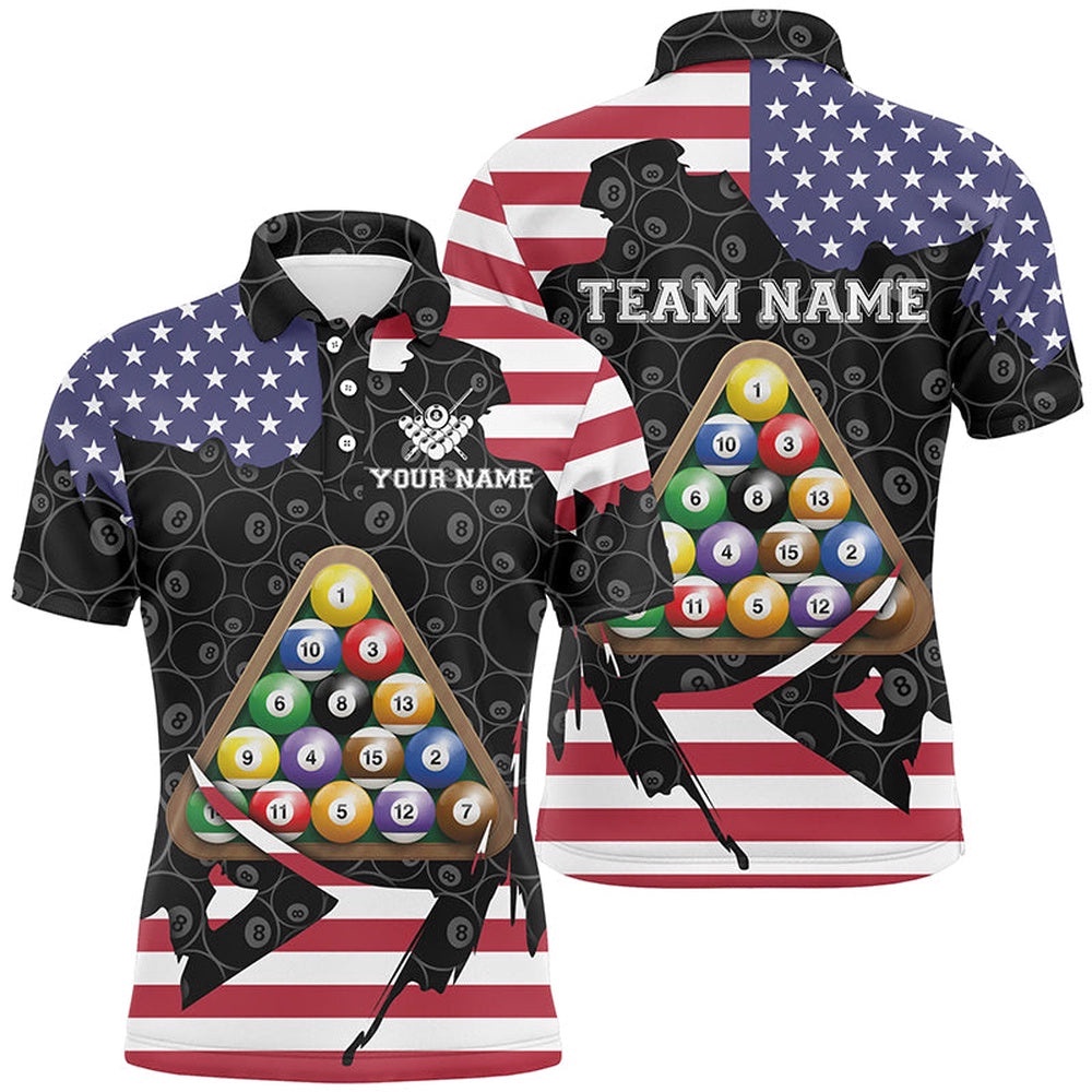 US Flag Billiard Balls Polo Shirts, Custom 8 Ball Pattern Billiard Polo, Personalized Billiard Polo Shirt