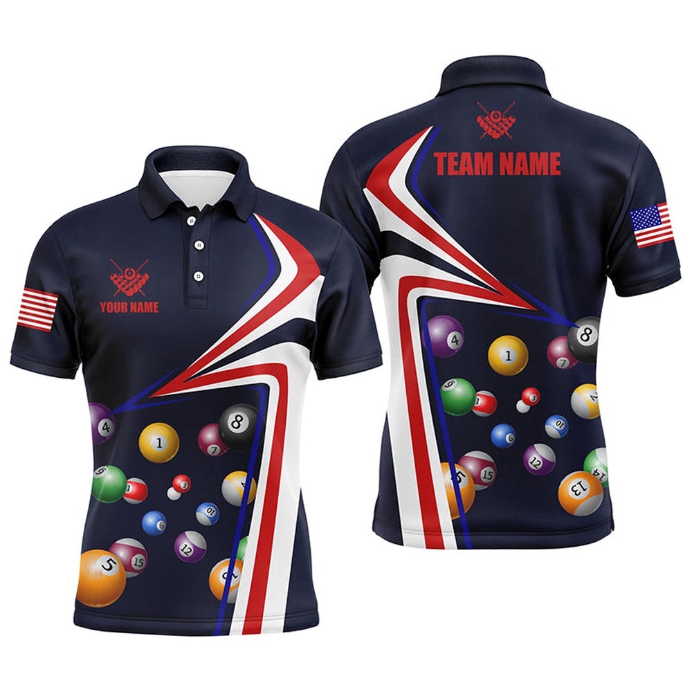 US Flag Billiard Balls Polo Shirts, Custom 8 Ball Pool Polo, Personalized Billiard Polo Shirt
