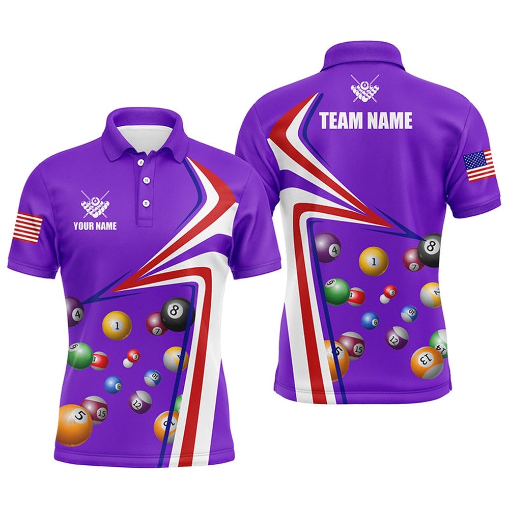 US Flag Billiard Balls Purple 3D Polo Shirts, Custom 8 Ball Pool Polo, Personalized Billiard Polo Shirt