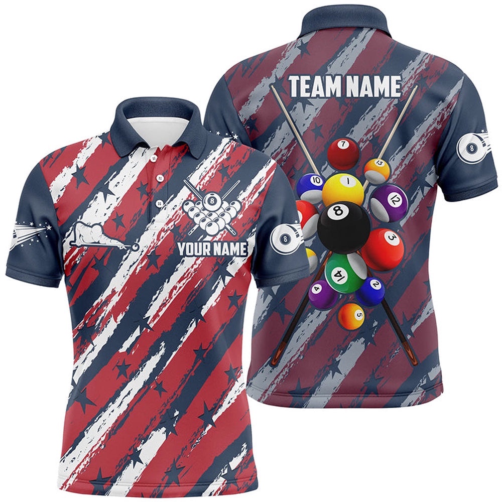 US Flag Pattern Stars Filled Billiard 3D Polo Shirts, 8 Ball Billiards Polo, Personalized Billiard Polo Shirt