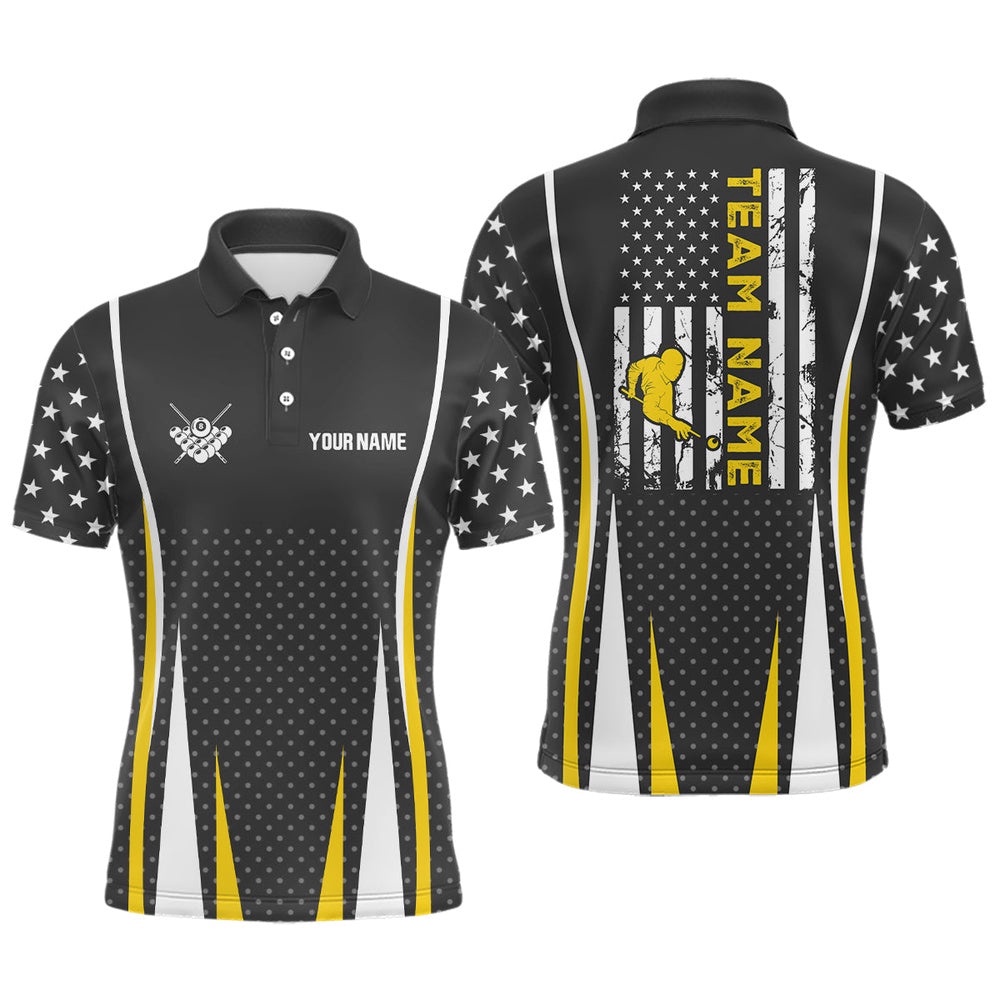 US Flag Pattern Yellow Player Billiards Team Polo, Personalized Billiard Polo Shirt