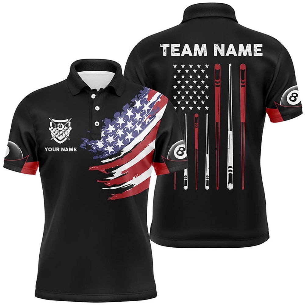US Flag Sticks Billiard 3D Polo Shirts, Custom 8 Ball Pool Billiard Polo, Personalized Billiard Polo Shirt