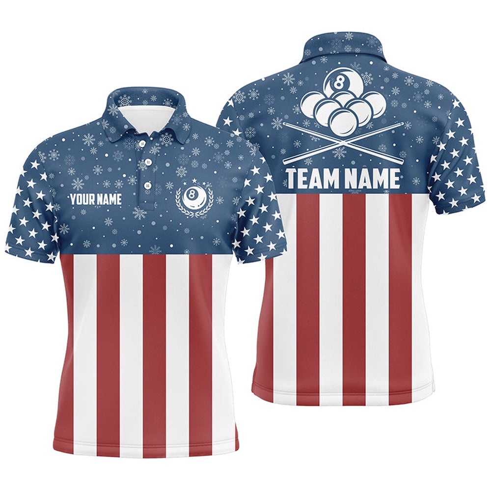 Us Flag Christmas Snowflakes Pattern Custom Patriotic Christmas Shirts, Personalized Billiard Polo Shirt Us Flag Christmas Snowflakes Pattern Custom Patriotic Christmas Shirts, Personalized Billiard Polo Shirt