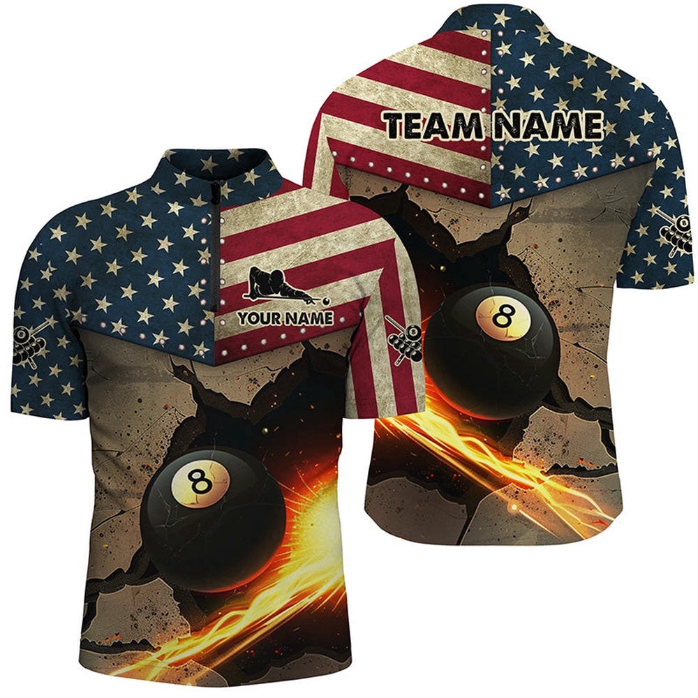 Us Flag Funny 8 Ball Pool In Cracked Wall Custom Billiards Shirts, Father’S Day Billiard Gifts, Personalized Billiard Team Jersey Shirt