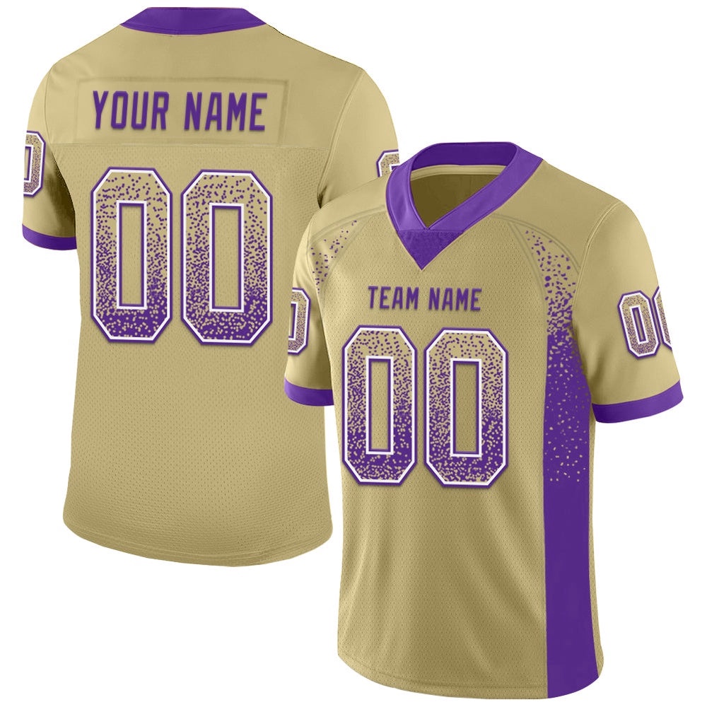 Vegas Gold Purple White Mesh Drift Fashion Football Jersey, Personalized Football Jersey, Football Team Jersey, Football Outfits Vegas Gold Purple White Mesh Drift Fashion Football Jersey, Personalized Football Jersey, Football Team Jersey, Football Outfits